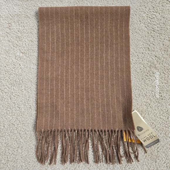 NWT Alfredo Pria Wool Scarf *TINY HOLE* Tan Pinstripe Biella Italy - Picture 11 of 12